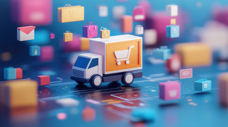 Floating icons represent online shopping, credit card transactions, delivery, and shopping bags, set against a vibrant gradient for engagement.の素材