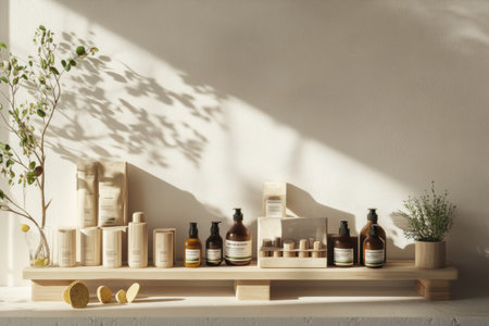 Display showcases organic food products in elegant wooden packaging, set against a clean backdrop highlighting a minimalist aesthetic in soft tones.の素材