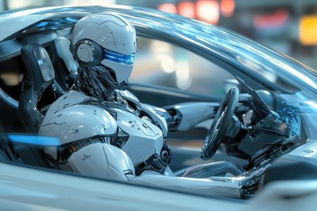 A robot with intricate mechanical design operates a futuristic car, showcasing advanced technology and superb detail in a dynamic urban environment.の素材