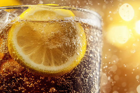Bubbly soda with bright lemon slices served in clear glass, captured in vibrant colors that highlight the refreshing qualities of this beverage on a sunny day.の素材