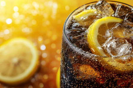 A vibrant glass of ice-cold soda filled with fizzy bubbles and lemon slices is presented against a bright, cheerful background, creating a perfect summer vibe.の素材