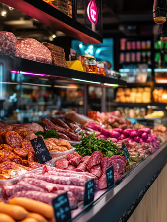Vibrant deli counter showcases sausages, cured meats, and artisanal cheeses, accented by sleek glass reflections and neon lights.の素材