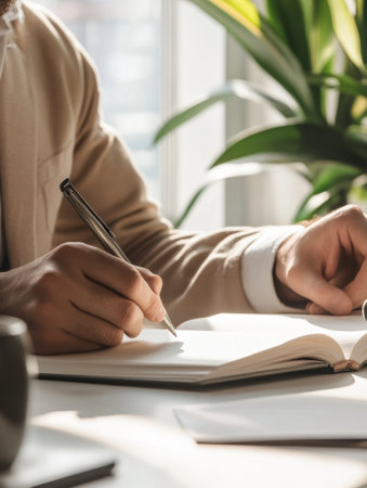 In a stylish minimalist office, a professional writes in a notebook surrounded by natural light and soothing neutral tones, focusing on important notes.の素材