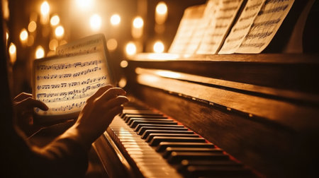 Person engaged in an online piano tutorial under soft warm lighting, using a digital tablet to follow music sheets while playing with focus and determination.の素材