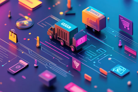 Vibrant design showcases online shopping icons like credit cards, delivery trucks, and bags on a smooth gradient background.の素材
