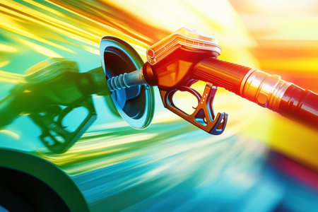 Bright colors swirl in a modern digital backdrop highlighting gasoline flowing against eco-friendly shadows, showing a blend of energy and sustainability.の素材