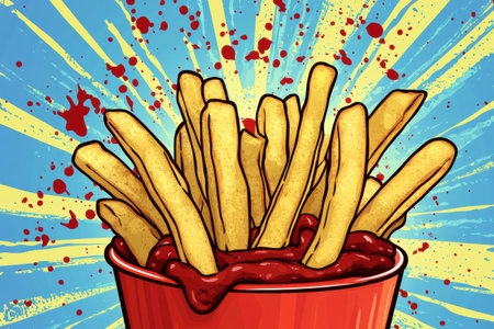 French fries in a bold pop-art style are surrounded by playful splashes of ketchup and various dipping sauces, showcasing a fun culinary composition.の素材