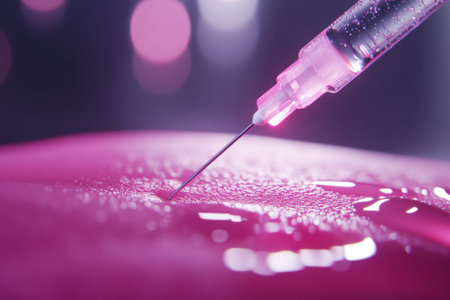 A detailed view of a cosmetic injection needle about to penetrate the skin, set against a luminous and sterile background, reflecting an elegant aesthetic.の素材
