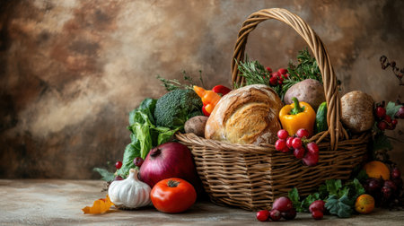 A rustic basket brimming with fresh vegetables and fruits including homemade bread sits against a nature-inspired background, showing warm earthy tones.の素材