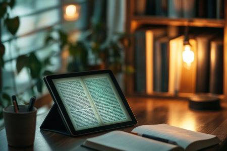 This cozy study area includes a tablet with an open e-book, neatly arranged digital notes, and inviting smart lighting that promotes productivity.の素材