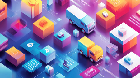 Colorful abstract background highlights floating icons representing online shopping, credit cards, delivery trucks, and shopping bags in a clean design.の素材