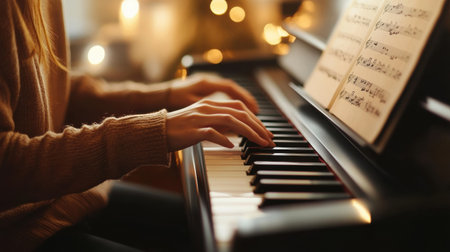 A person practices piano with a digital tablet and sheet music, surrounded by warm light and the sounds of their online tutorial.の素材