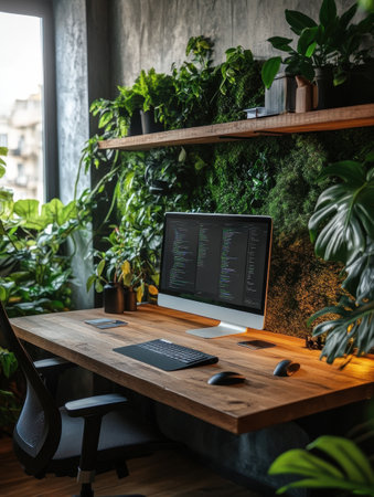 This workspace features a wooden desk with natural textures, surrounded by lush green plants and warm lighting, nurturing a creative atmosphere.の素材