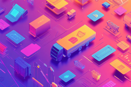 Discover a stunning modern abstract design with floating icons of shopping, credit cards, trucks, and bags on a sleek gradient background.の素材