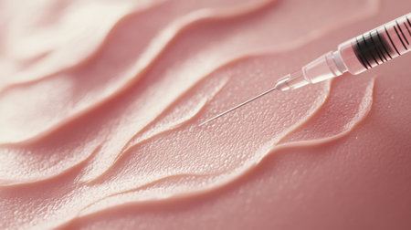A cosmetic injection needle is positioned near the skin, emphasizing a sterile environment with an elegant glow and refined aesthetic.の素材