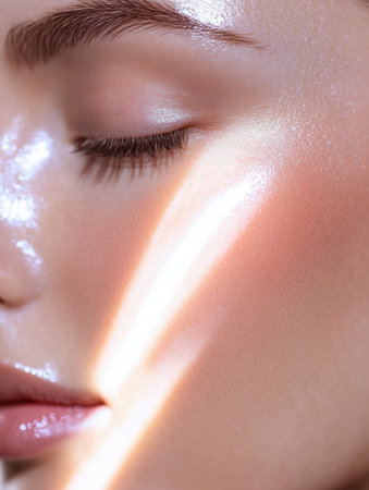 In this close-up, skin is gently lifted in natural light, revealing a radiant glow and smooth features with high-definition texture.の素材