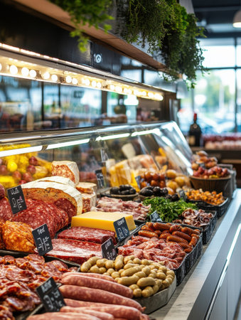 Vibrant deli counter filled with assorted sausages, gourmet cured meats, and artisanal cheeses enhanced by reflections and neon accents in a bustling settingの素材