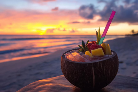 Sip a refreshing summer cocktail in a coconut shell with a colorful straw and vibrant fruit, all against a beautiful beach sunset.の素材