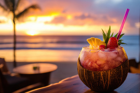 Enjoy a vibrant summer cocktail served in a coconut shell, adorned with colorful straw and fruit, against a stunning sunset beach backdrop.の素材