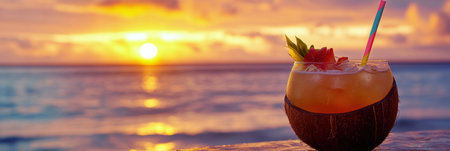 Enjoy a refreshing summer cocktail served in a coconut shell, garnished with tropical fruit, set against a stunning sunset beach view during golden hour.の素材