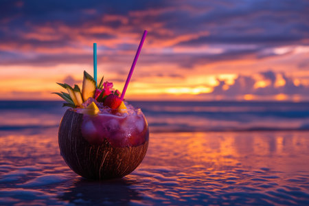 Enjoy a vibrant summer cocktail in a coconut shell adorned with colorful straws and fresh fruit, all set on a beach during sunsets golden glow.の素材