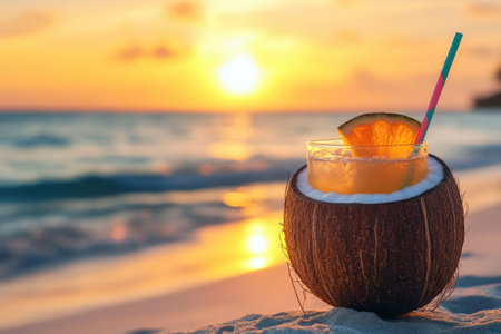 Enjoy a vibrant summer cocktail in a coconut shell, beautifully garnished with tropical fruits, as the sun sets over a relaxing beach scene.の素材