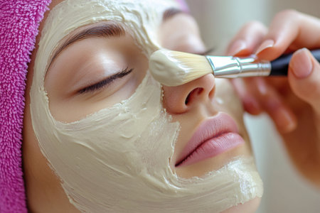 Skilled hands gently apply a creamy facial mask with a soft brush, creating a smooth and relaxing experience for skincare in a calming beauty setting.の素材