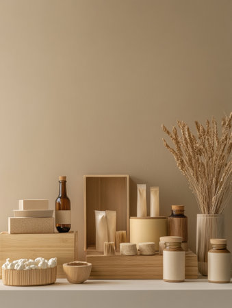 Showcasing a collection of organic food items arranged in sustainable wooden packaging with neutral tones, creating a serene and eco-friendly environment.の素材