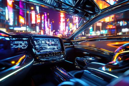 A sleek, chrome-plated robotic chauffeur operates a luxury self-driving limousine.の素材