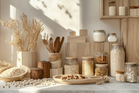 Modern arrangement of organic food products in sustainable packaging creates a clean and minimalist aesthetic with neutral colors and natural materials.の素材