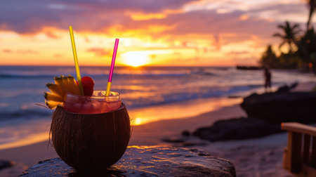 Enjoy a vibrant summer cocktail in a coconut shell, beautifully garnished and set against a stunning sunset view over the beach.の素材
