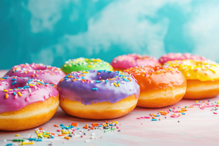 Delicious donuts are showcased with vibrant frosting and colorful sprinkles against a cheerful backdrop, creating a fun and lively atmosphere.の素材