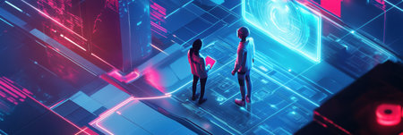 Robotic AI tutor interacts with a student using an advanced holographic interface in a vibrant, neon-blue cyber educational setting.の素材