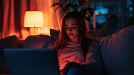 Freelancer sits comfortably on a modern couch, using a laptop in a warm, inviting home environment during evening hours, enhancing relaxation and productivity.の素材