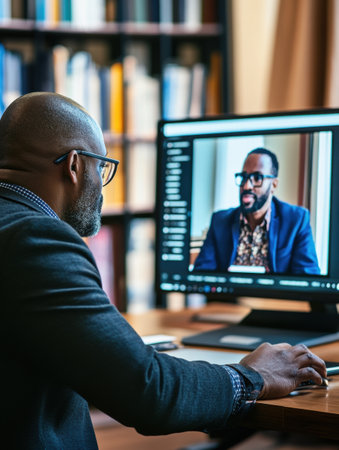 Educator conducts an interactive virtual lecture from a well-lit study area, showcasing modern remote teaching techniques and engagement with students.の素材
