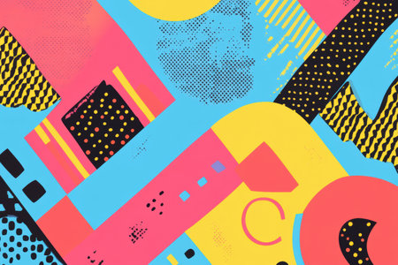 Colorful geometric shapes and zany patterns form an energetic backdrop, showing a fusion of neon tones and dynamic designs that evoke retro aesthetics.の素材