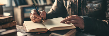 In a minimalist office filled with natural light, a professional writes in a stylish notebook, surrounded by soft neutral colors and books.の素材