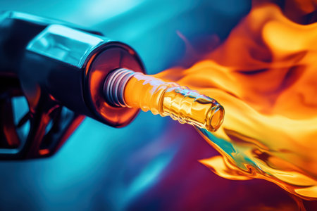 Bright colors swirl as gasoline flows through shadows, symbolizing the interplay between energy consumption and environmental sustainability.の素材