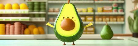 A cheerful oversized cartoon-style avocado with fun features stands proudly in a grocery store filled with fresh produce and colorful packaging.の素材