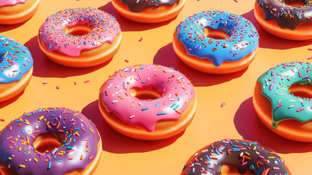 Colorful donuts with various frostings and sprinkles bring joy and fun to the composition, showcasing a lively pop-art aesthetic on an orange backdrop.の素材