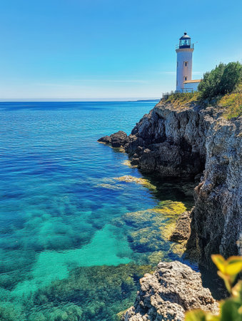 A striking lighthouse overlooks the rocky coastline and clear turquoise water, embodying the essence of a perfect summer holiday destination.の素材