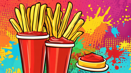 A lively design featuring French fries in cups, splashes of ketchup, and various dipping sauces. The artwork bursts with contrasting colors and playful energy.の素材