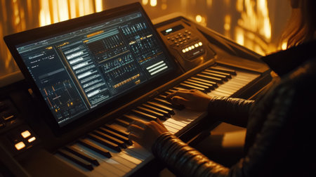 Individual piano practices using an online tutorial, surrounded by warm lighting and music sheets displayed on a digital tablet for inspiration.の素材