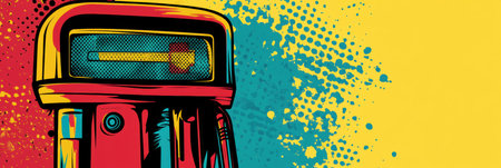 Bold primary colors adorn a retro gas pump with stylized comic book textures, showcasing a vibrant design that evokes nostalgia at a roadside stop.の素材