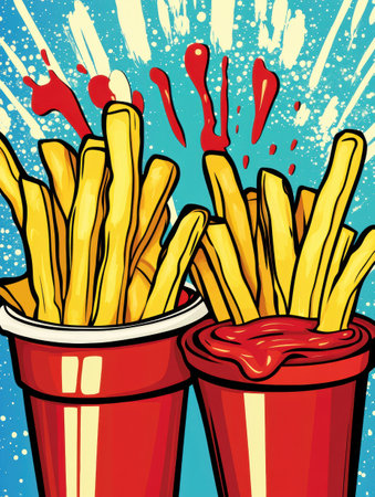 Delicious French fries overflowing from cups, surrounded by energetic ketchup splashes, showcasing a fun and vibrant pop-art style design.の素材
