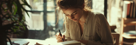 A person engaged in writing in a notebook within a minimalist office setting, surrounded by soft neutral colors and bathed in natural light.の素材
