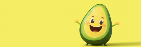 A fun oversized avocado with big eyes and a smiling face stands happily in a colorful grocery store filled with vibrant produce and cheerful decor.の素材