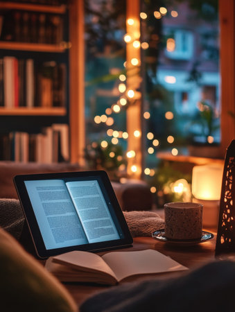Elegant study environment showcases a tablet with an e-book, digital notes, and warm, soothing lighting, perfect for productive learning sessions.の素材