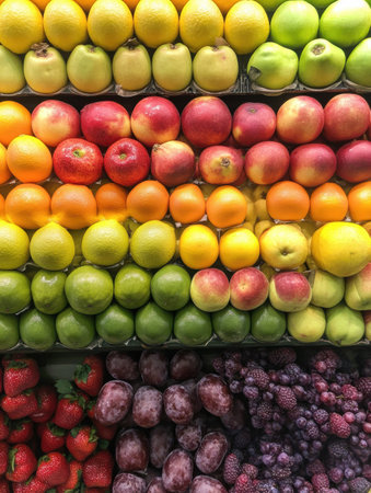 Fresh fruits are neatly organized by color gradient in a market, featuring vibrant reds, yellows, greens, and purples from a top-down perspective.の素材