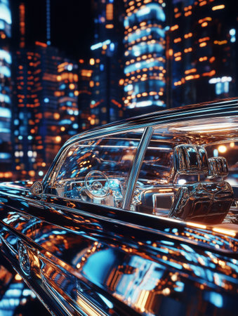 A robotic chauffeur operates a luxury self-driving limousine, featuring a chrome-plated exterior reflecting vibrant city lights and an ambient-lit interior.の素材